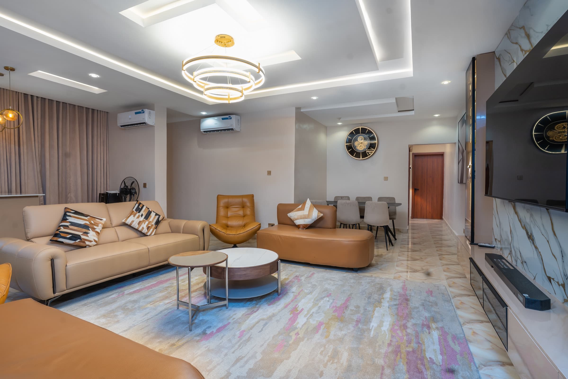 Wide view of the living and dining area